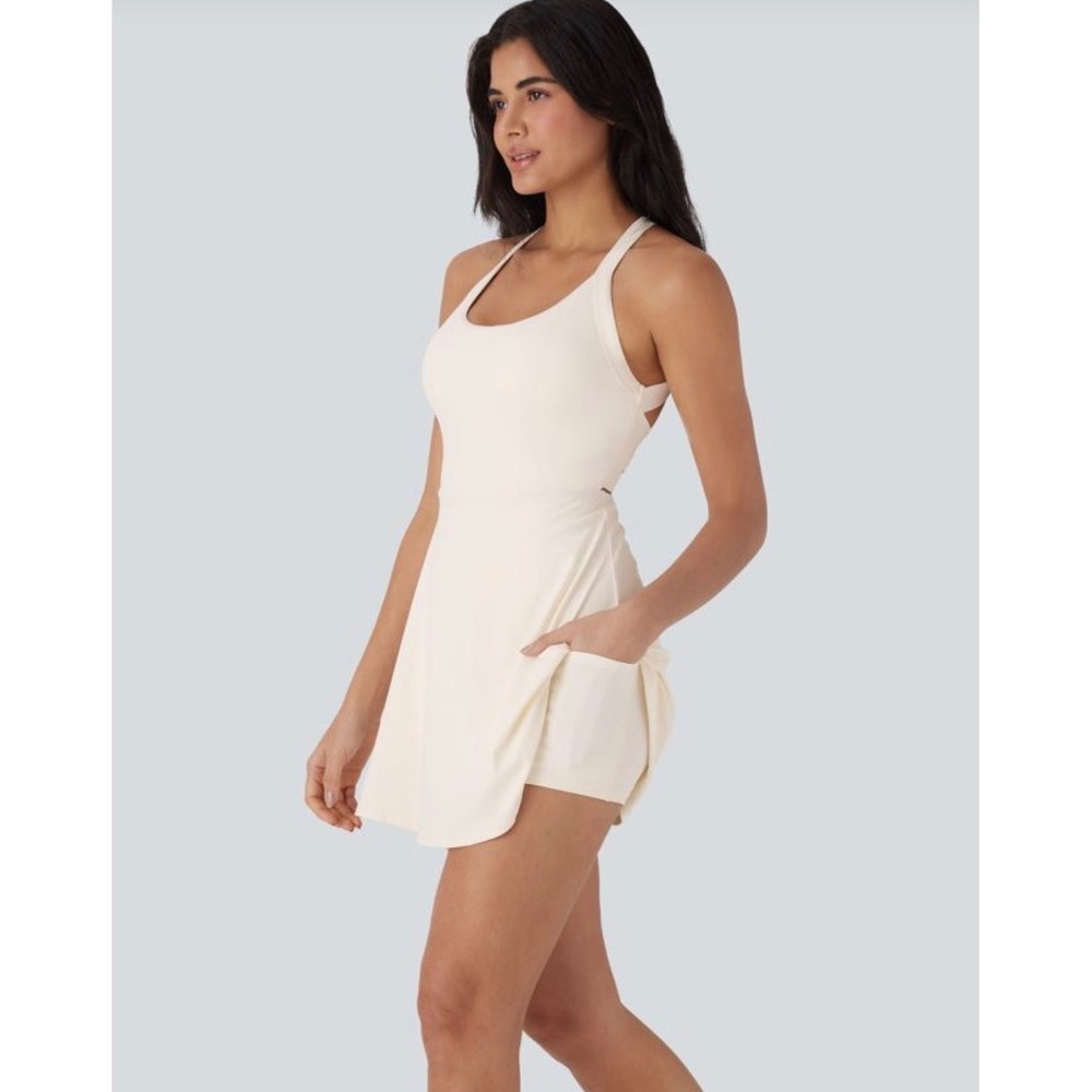 Halara SoftlyZero Airy Active Dress Cream Backless Twisted Instant Cool Sz M